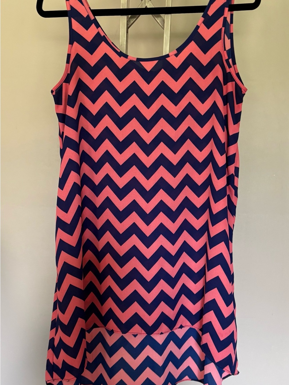 Pink Republic Chevron High-Low Tank Top Tunic Salmon Pink Navy Blue Zig Zag Med